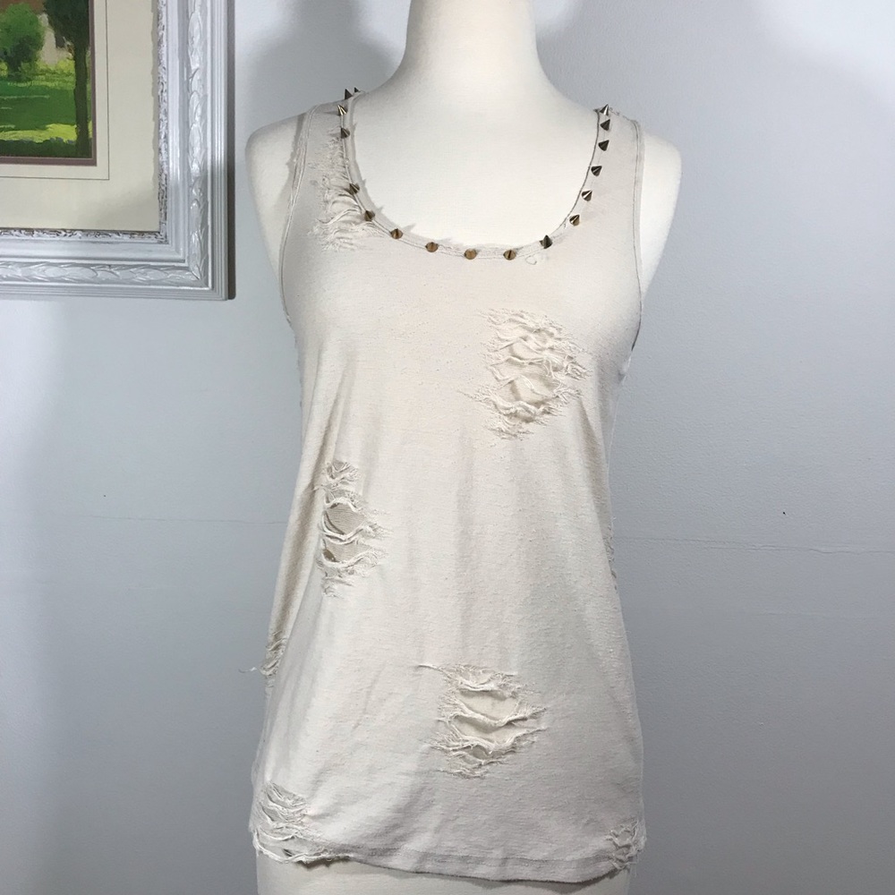 ALYTHEA Cream Ripped Distressed Studded Tank Top